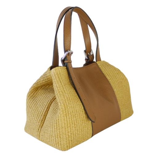 Handtasche aus Leder und Bastk, senf-cognac