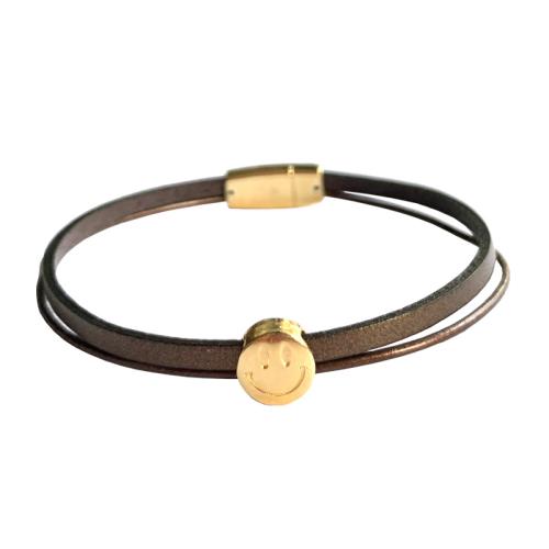 Lederarmband mit vergoldetem Smiley, bronze