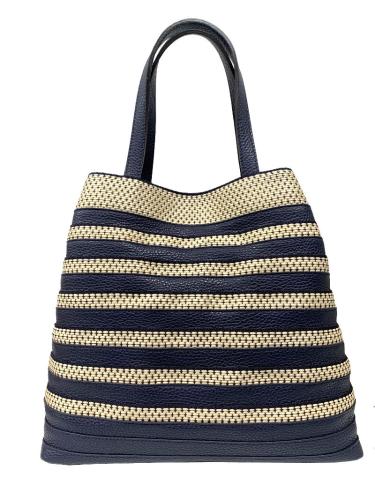 Handtasche aus Leder und Bastk, dunkelblau-creme