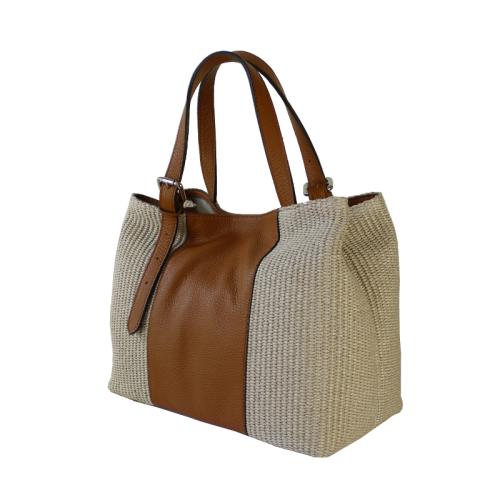 Handtasche aus Leder und Bastk, beige-cognac
