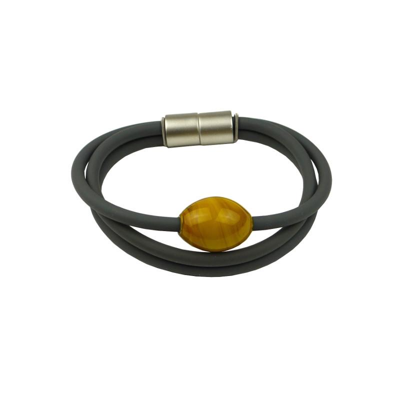 Armband aus Kautschuk mit Muranoglaselement, dunkelgrau-senfgelb