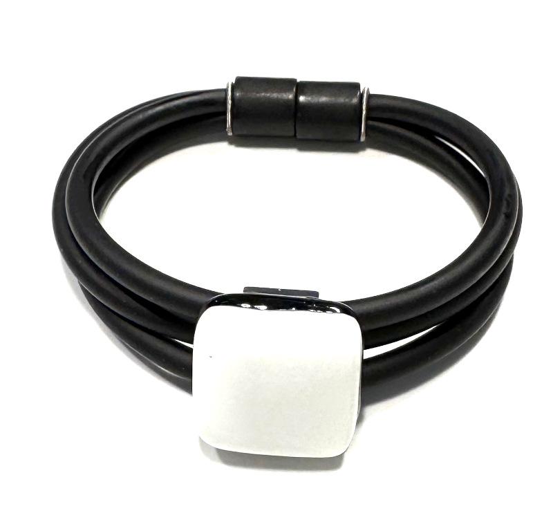 Armband aus Kautschuk mit Muranoglasplatte, weiß-schwarz