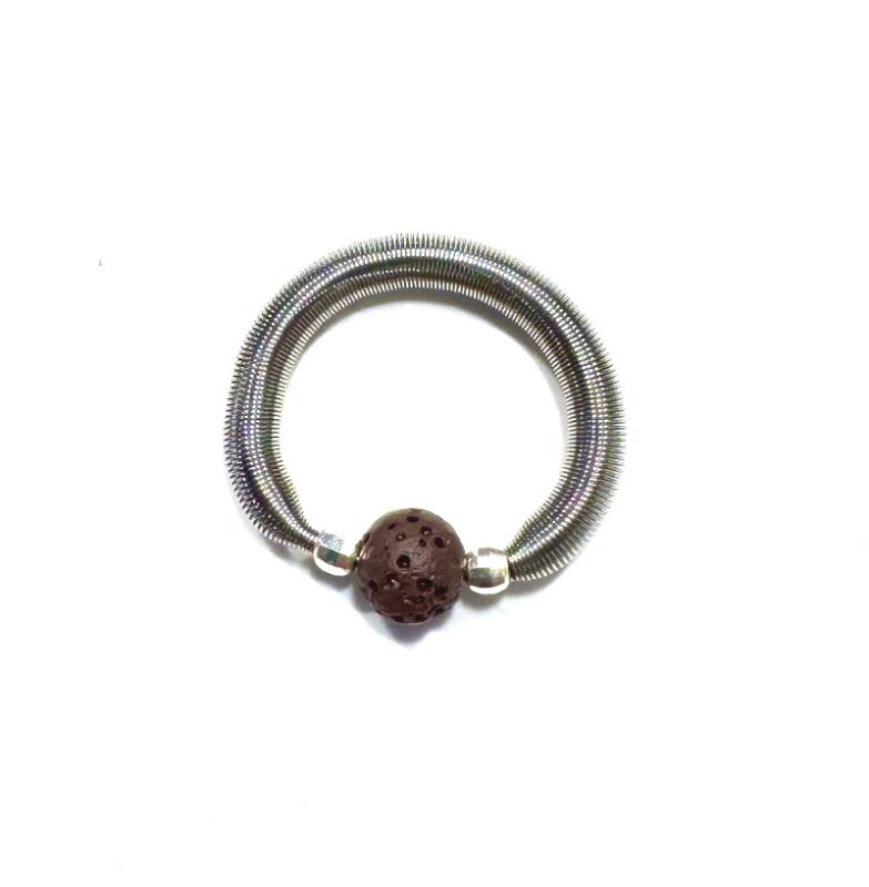 Edelstahlring mit Lavastein und Silberperlen, dunkelbraun