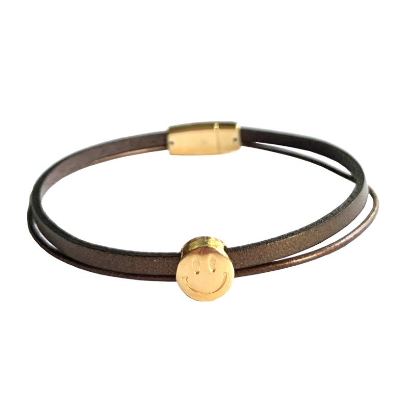 Lederarmband mit vergoldetem Smiley, bronze