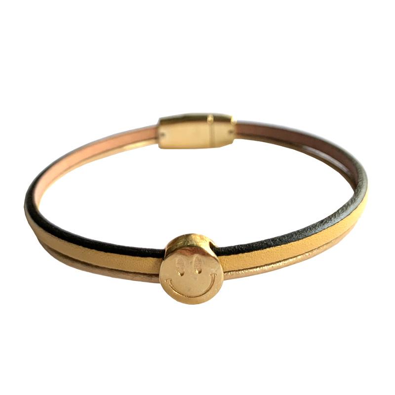 Lederarmband mit vergoldetem Smiley, gold