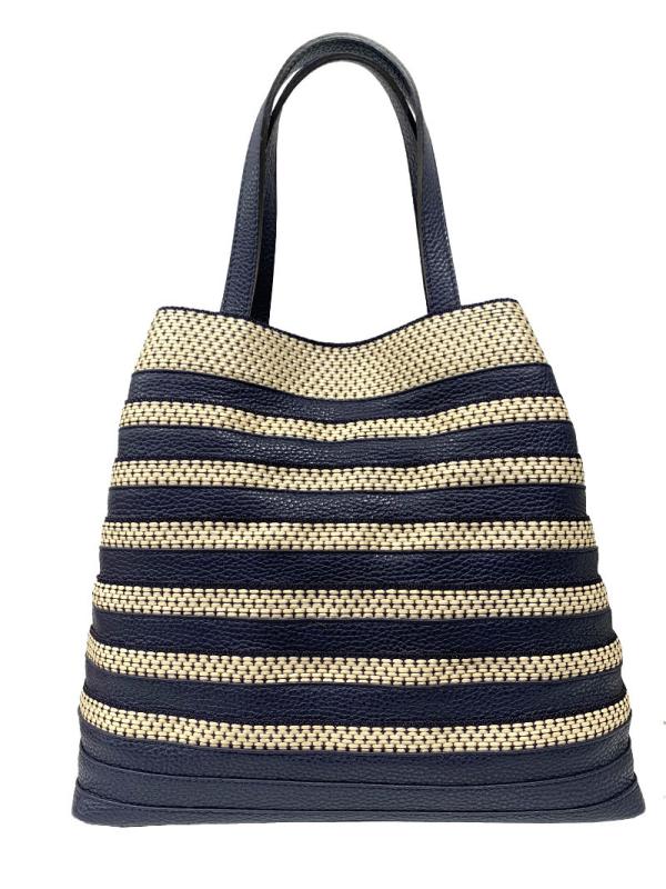 Handtasche aus Leder und Bastk, dunkelblau-creme