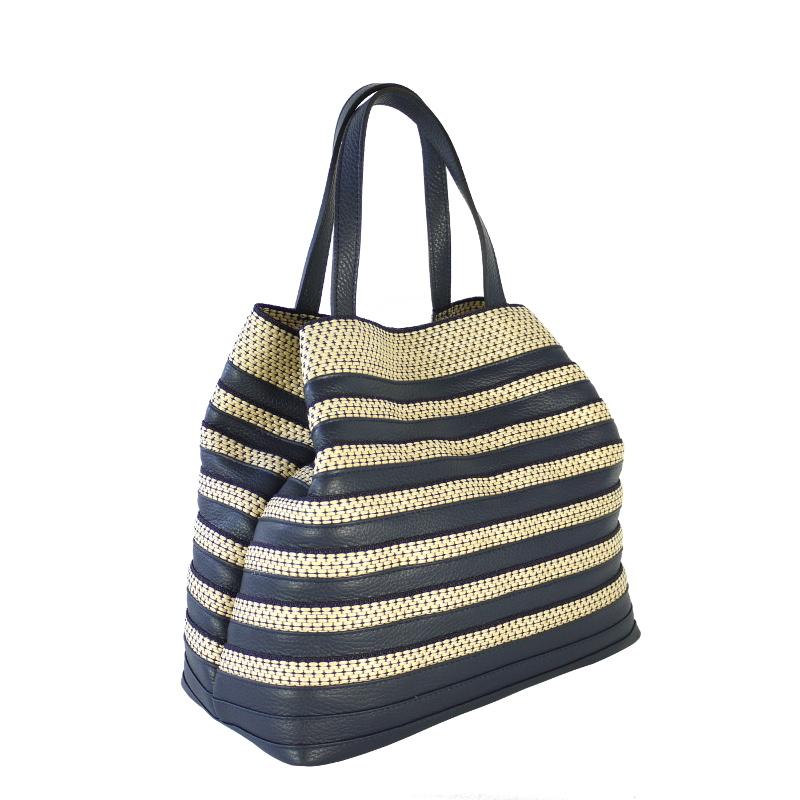 Handtasche aus Leder und Bastk, dunkelblau-creme